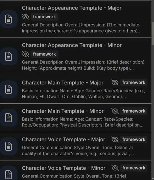 Character template frameworks